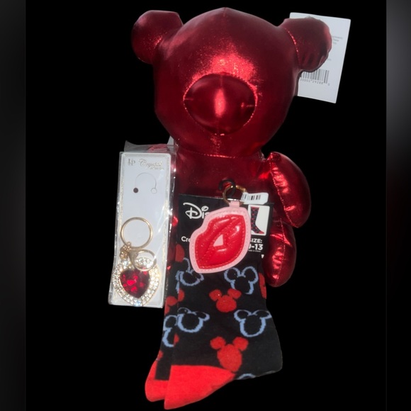 Metallic Red Bear with Keychains and Disney Socks Bundle - Picture 2 of 2